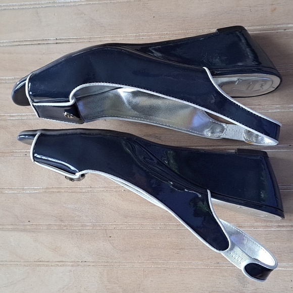 Etienne Aigner Gild Patent Leather Navy White Peep Toe Sling Back Heel Wedges - Picture 11 of 12